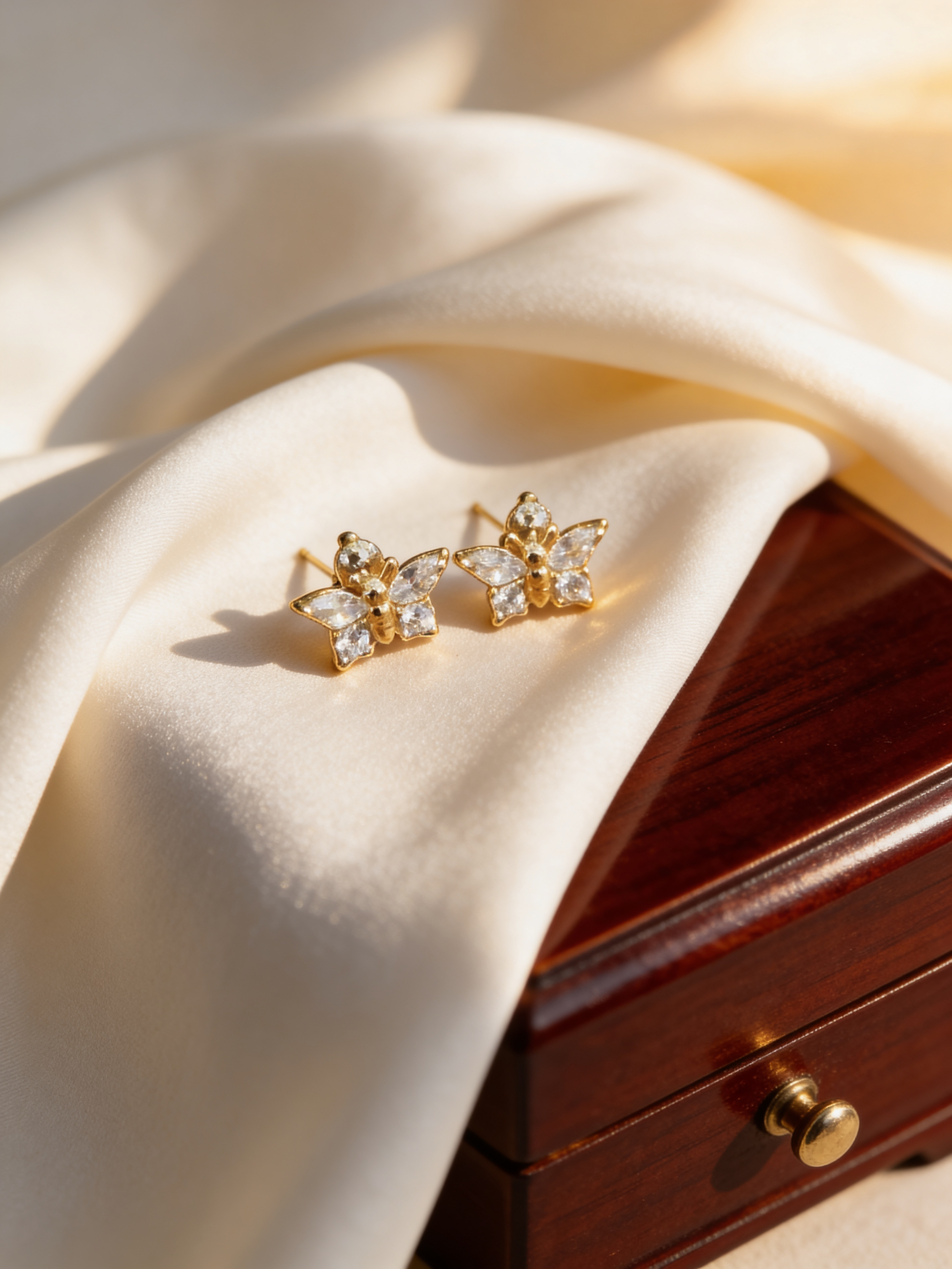 Kids Yellow Gold Plated Zircon Butterfly Earrings with Screw‑Back