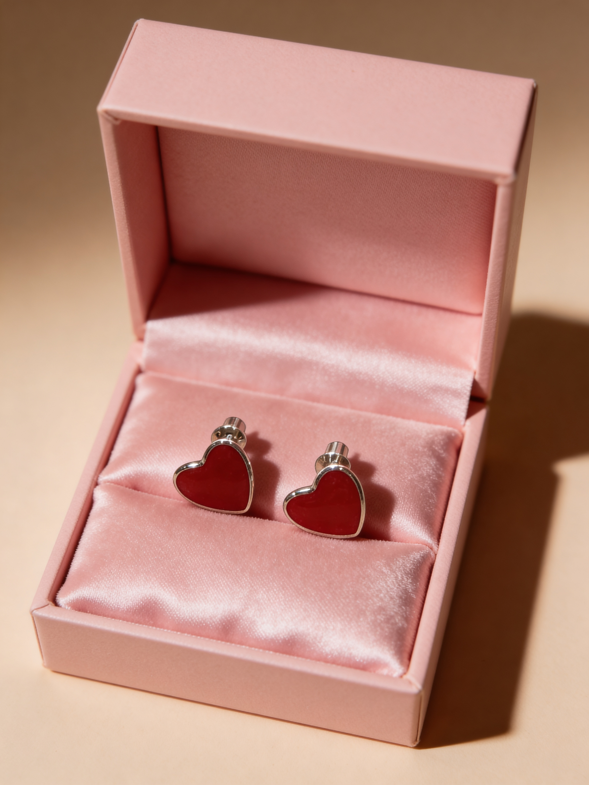 Kids Cute 925 Silver Red Heart Earrings