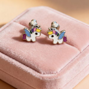 Kids 925 Silver Unicorn Earrings with Rainbow Horn & Screw‑Back