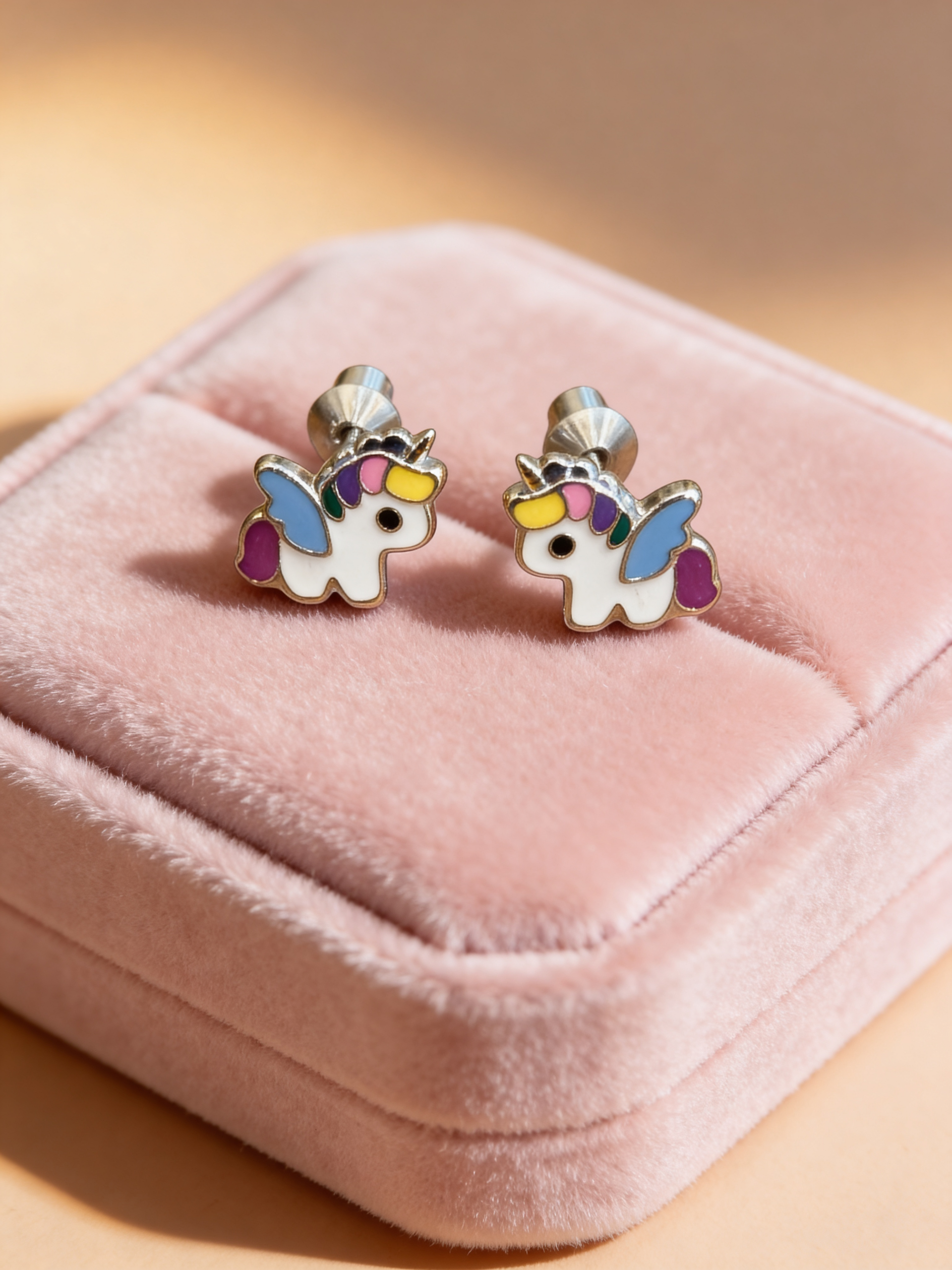 Kids 925 Silver Unicorn Earrings with Rainbow Horn & Screw‑Back